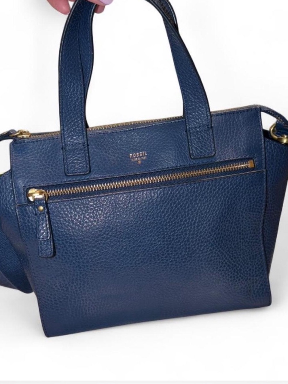 Fossil Tessa Navy Pebbled Leather Satchel with Gold Hardware